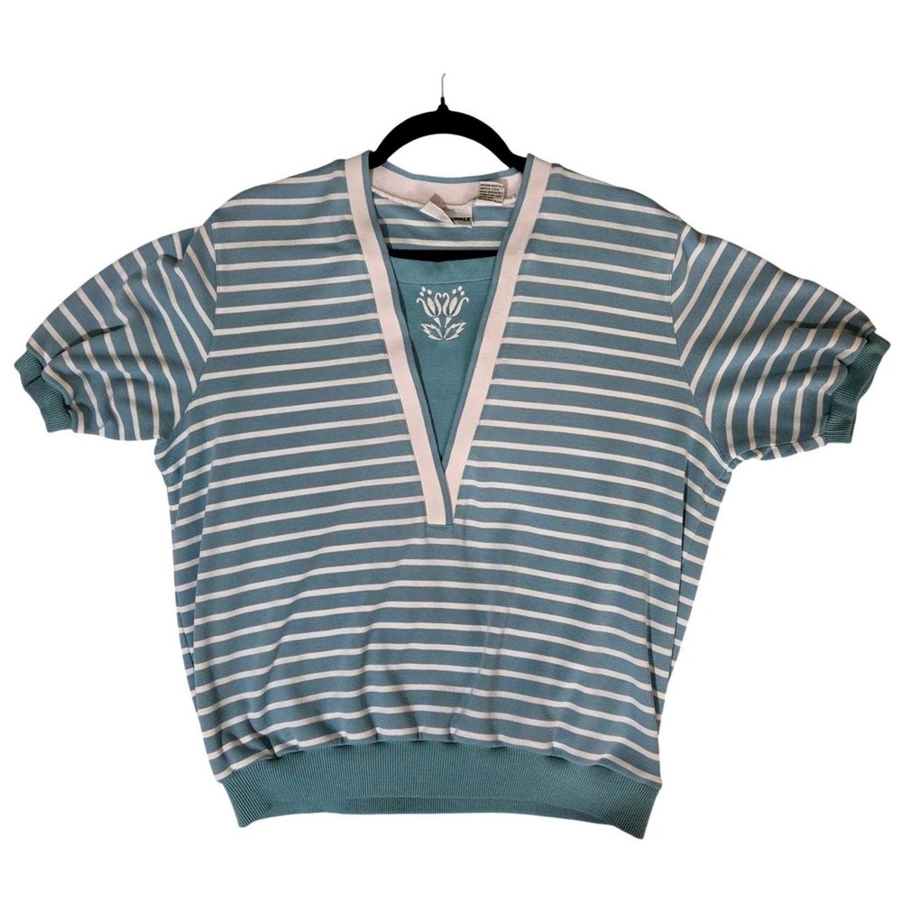 Vintage Alfred Dunner Floral Embroidery Striped Knit Top Size M Retro Grannycore
